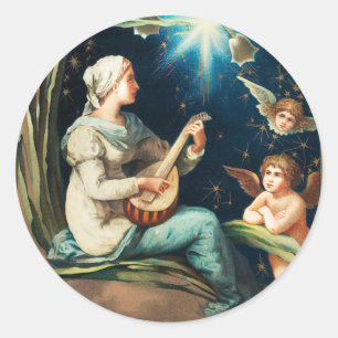 Adesivo Redondo Anjos, Estrelas, Mulheres, A Lua Natal Religiosa