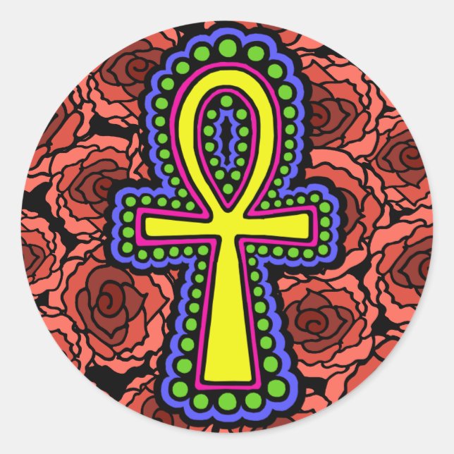 Adesivo Redondo Ankh com Rosa Sticker (Frente)