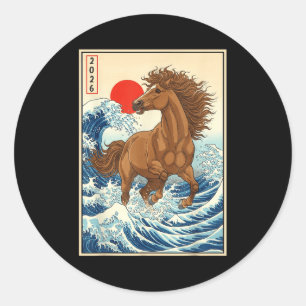Adesivo Redondo Ano 2026 do Cavalo Arte da Onda Japonesa Ano Novo