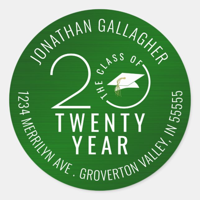 Adesivo Redondo Ano de Graduação Endereço de Regresso Verde Metáli (Frente)