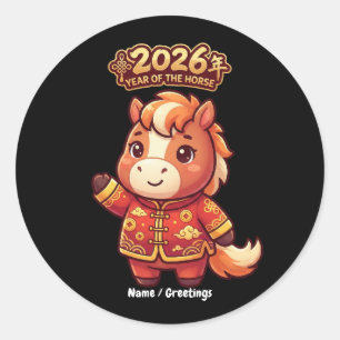 Adesivo Redondo Ano do Cavalo 2026 Arte Fofo do Zodíaco Chinês