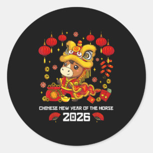 Adesivo Redondo Ano Novo Chinês do Cavalo 2026 Dança do Leão Fofa