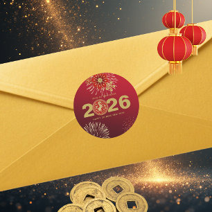 Adesivo Redondo Ano Novo Chinês do Cavalo Dourado Vermelho