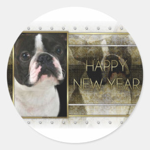 Adesivo Redondo Ano novo - elegância dourada - Boston Terrier