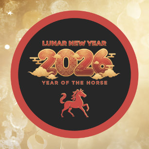 Adesivo Redondo Ano Novo Lunar 2026 Ano do Cavalo Vermelho Preto