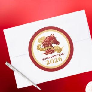 Adesivo Redondo Ano Novo Lunar Chinês 2026 Cavalo Vermelho e Doura