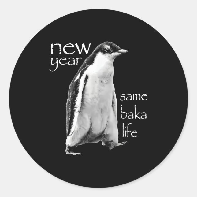 Adesivo Redondo Ano Novo Mesma Vida de Baka Pinguim Piada (Frente)