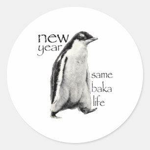 Adesivo Redondo Ano Novo Mesma Vida de Baka Pinguim Piada Ano Novo