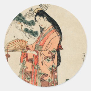 Adesivo Redondo Antiga Madeira japonesa desenhando com mulher