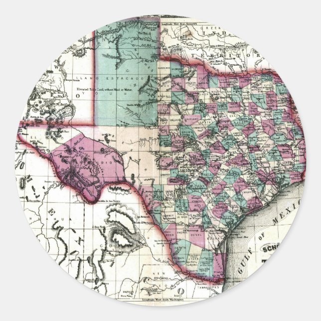 Adesivo Redondo Antigo mapa do Texas de 1866 (Frente)