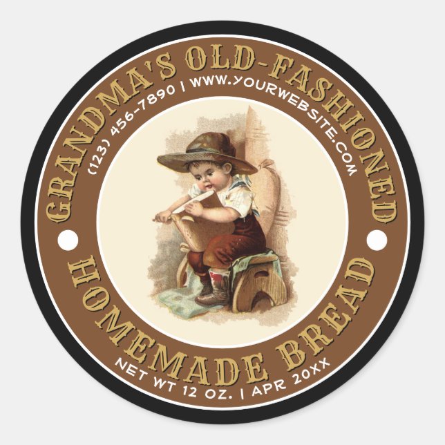 Adesivo Redondo Antigo Modelo de Rótulo de Pão Faseado (Frente)