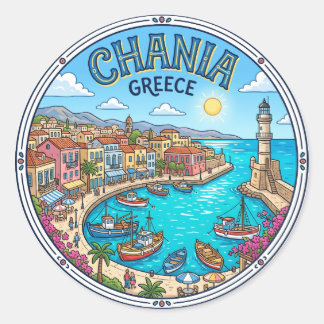 Adesivo Redondo Antigo Porto de Chania Grécia