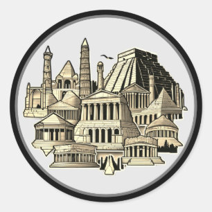 Adesivo Redondo Antigos Maravilhas em Preto e Branco