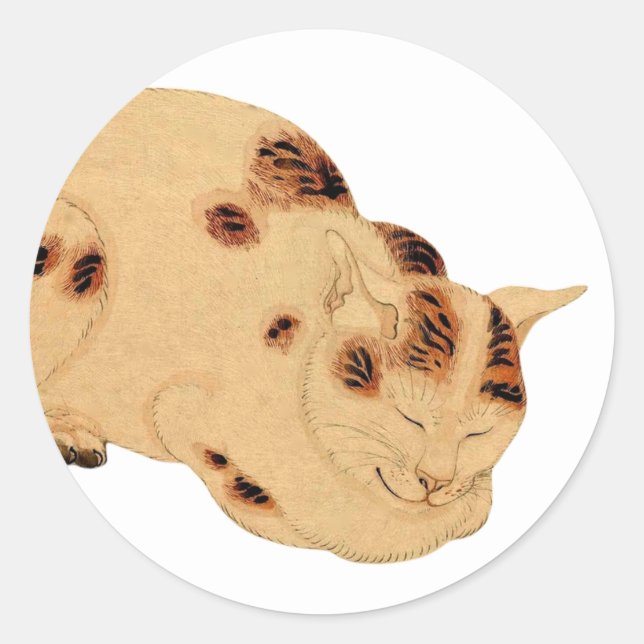 Adesivo Redondo Antiguamente Gato Dormindo Bloco de Madeira Japonê (Frente)