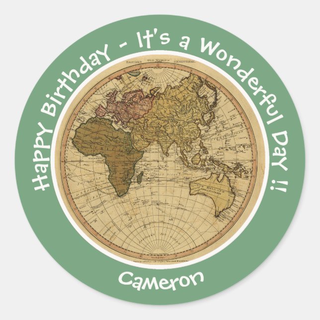 Adesivo Redondo Antiguidade 1786 - Partido Tema do Mapa do Hemisfé (Frente)