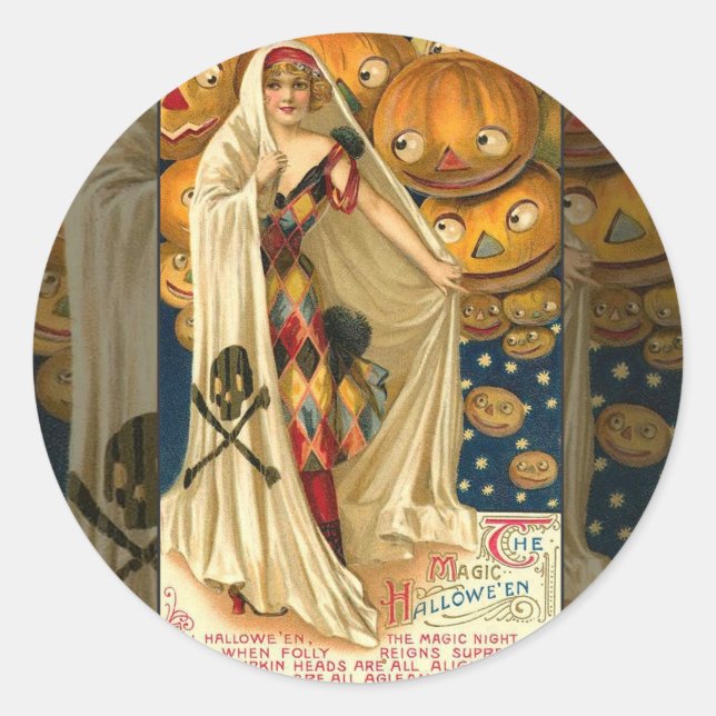 Adesivo Redondo Antiguidade Halloween Jack O Lanterna Mulher do Co (Frente)