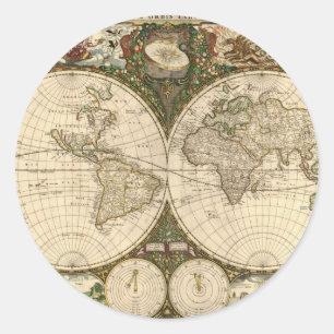 Adesivo Redondo Antique 1660 Mapa Mundial de Frederick de Wit