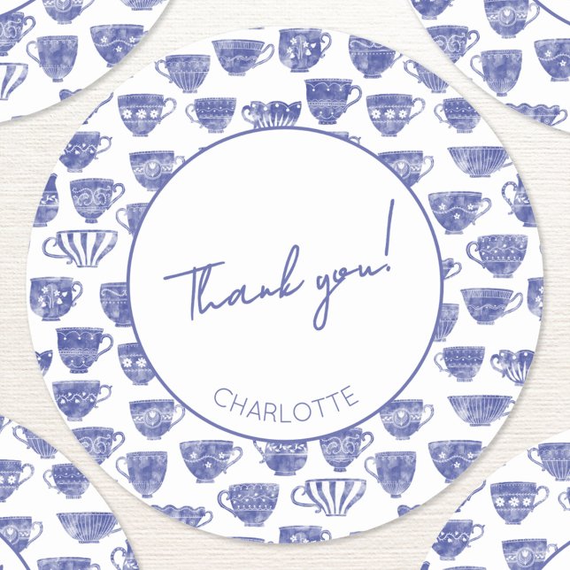 Adesivo Redondo Antique Vintage Tea Party Thank You (Antique vintate blue watercolor teacup tea party personalized custom name text thank you sticker)