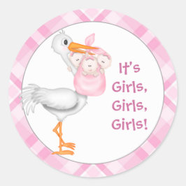 Adesivo Redondo Anúncio de Bebê de Meninas de Stork & Triplet