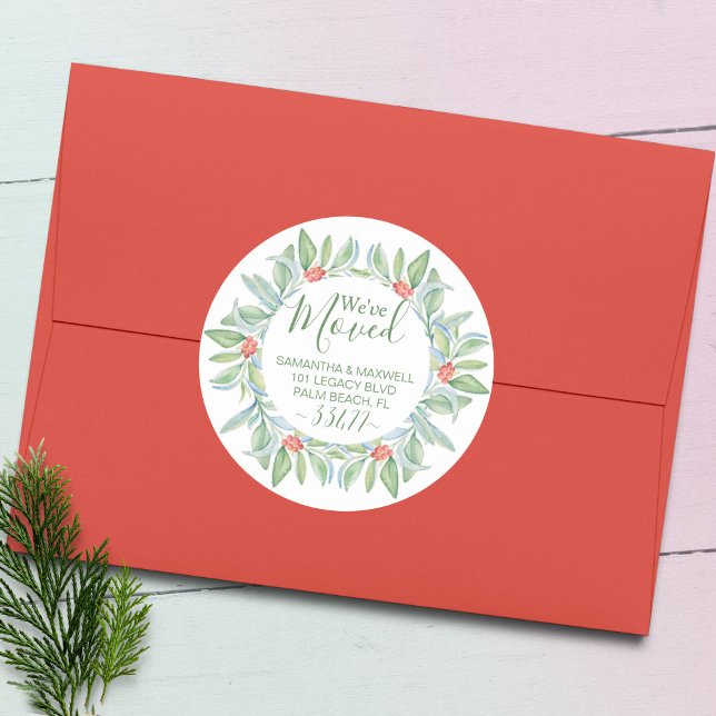 Adesivo Redondo Anúncio de Movimentação da Greenerescência de Nata (Christmas return address labels watercolor green & red botanical art Victoria Grigaliunas VG Invites)