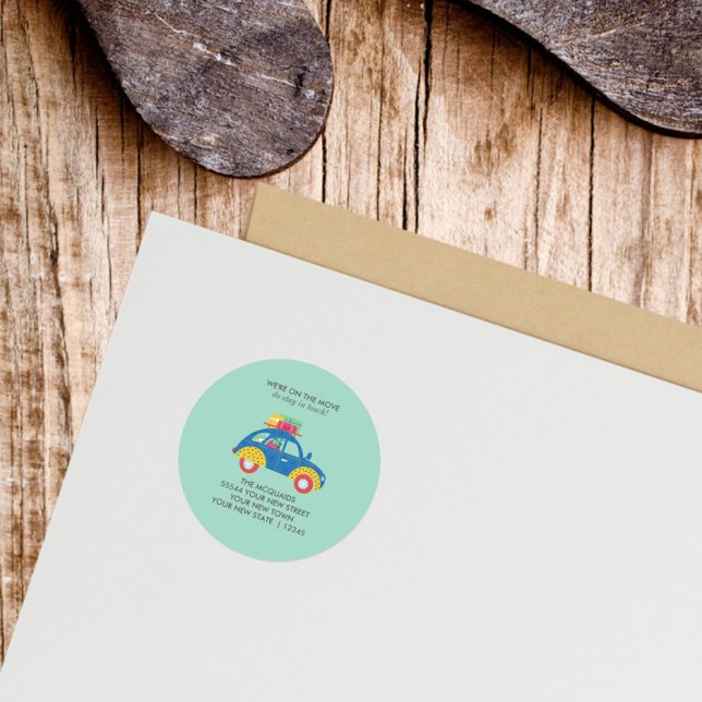 Adesivo Redondo Anúncio de Movimentação do Carro Funky (Blue car teal background return address label
)