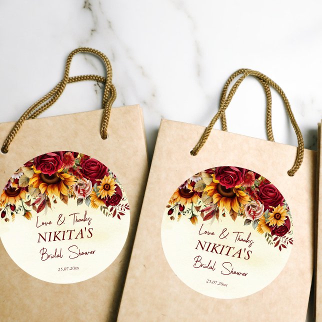 Adesivo Redondo Apaixonem-se rosas burlões girassóis obrigado-te (Fall bridal shower sunflowers burgundy roses thank you favor stickers)