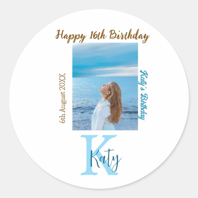 Adesivo Redondo Apelido de 16 anos, feliz, castanho-aqua (Frente)