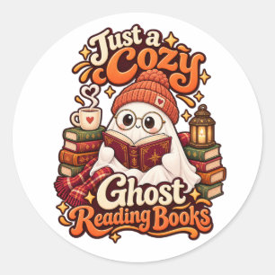 Adesivo Redondo Apenas um Fantasma Aconchegante Lendo Livros Hallo