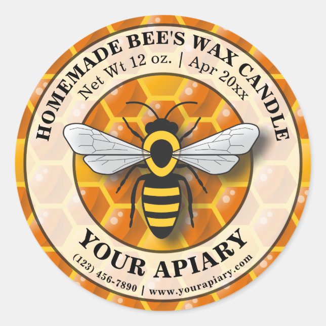 Adesivo Redondo Apiary Bee's Wax Candle Label Honeycomb Modelo (Frente)