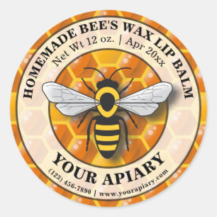 Adesivo Redondo Apiary Bee's Wax Lip Balm Label Honeycomb Modelo
