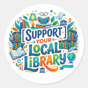 Adesivo Redondo Apoie Sua Biblioteca Local Arte Gráfica em Lote