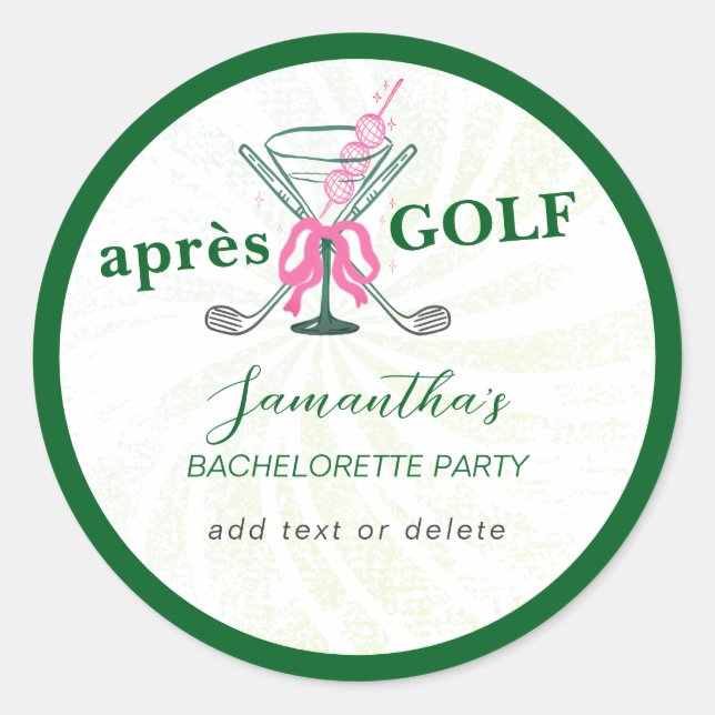 Adesivo Redondo Aprés Golf Martini Coquette Bow Bachelorette Party (Frente)