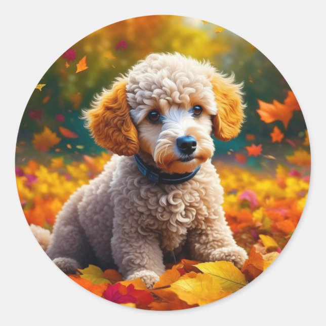 Adesivo Redondo Apricot Poodle Puppy em Folhas de Queda (Frente)