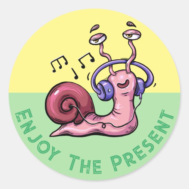 Adesivo Redondo Aproveite o presente com um caracol escutando músi (Frente)