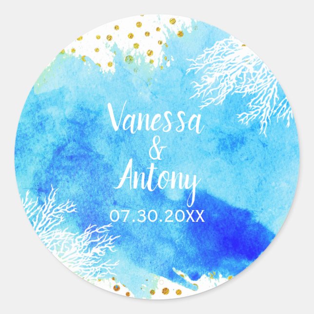 Adesivo Redondo Aqua aquarela, recife de coral, casamento de confe (Frente)