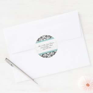 Adesivo Redondo Aqua Blue Black Damask Address Stickers