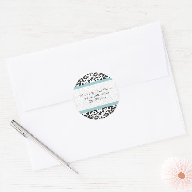 Adesivo Redondo Aqua Blue Black Damask Address Stickers (Envelope)
