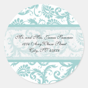 Adesivo Redondo Aqua Blue em White Damask Address Stickers