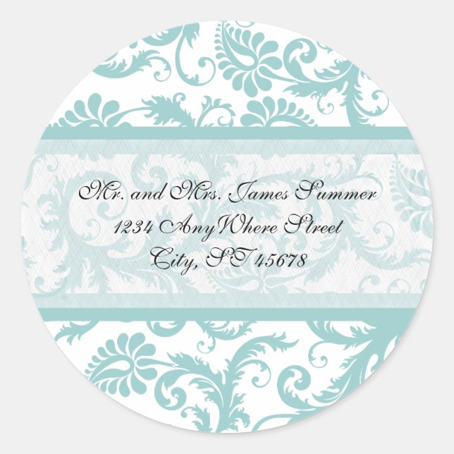 Adesivo Redondo Aqua Blue em White Damask Address Stickers (Frente)