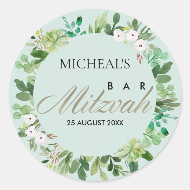 ADESIVO REDONDO AQUA BLUE FOLIAGE WREATH STAR BAR BAT MITZVAH (Frente)