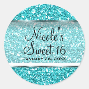 Adesivo Redondo Aqua Blue Glitter Glam Sweet 16 Custom Party Favor