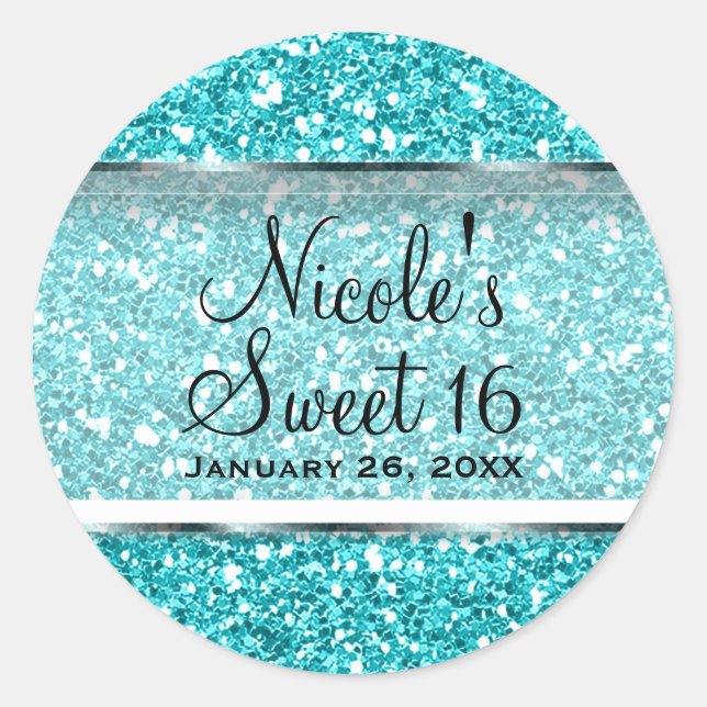 Adesivo Redondo Aqua Blue Glitter Glam Sweet 16 Custom Party Favor (Frente)