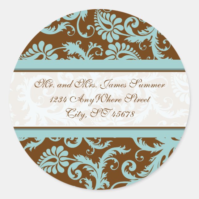 Adesivo Redondo Aqua Blue no Brown Damask Address Stickers (Frente)