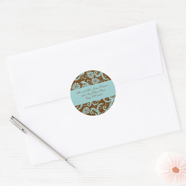 Adesivo Redondo Aqua Blue no Brown Damask Address Stickers (Envelope)