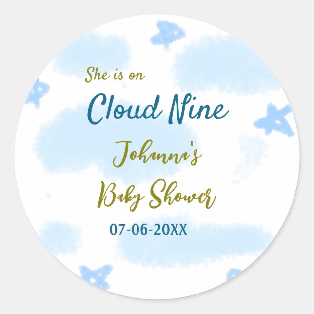 Adesivo Redondo Aqua dourado ela está no nono céu chá de bebê nuve (Frente)