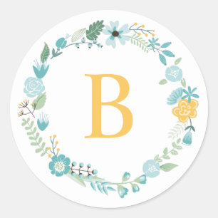 Adesivo Redondo Aqua e grinalda floral Monogrammed do amarelo