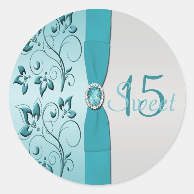 Adesivo Redondo Aqua e Silver Floral Quinceanera Sticker (Frente)