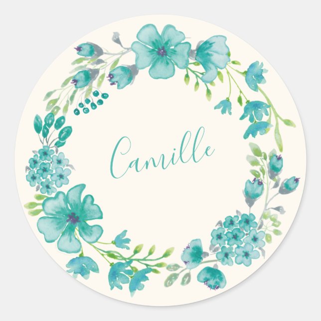 Adesivo Redondo Aqua Green Floral Wreath Personalizado Name Primav (Frente)