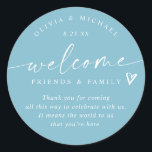 Adesivo Redondo Aqua Light Teal Wedding Welcome Hotel Bag<br><div class="desc">Aqua (Light Teal / Turquoise) Hotel Bag Stickers: Welcome guests to your celebration with these elegant aqua wedding stickers featuring a modern handwritten script. Each 3-inch round sticker displays the phrase “welcome friends & family, ” personalized with the couple’s names and wedding date below. The fresh aqua background adds a...</div>