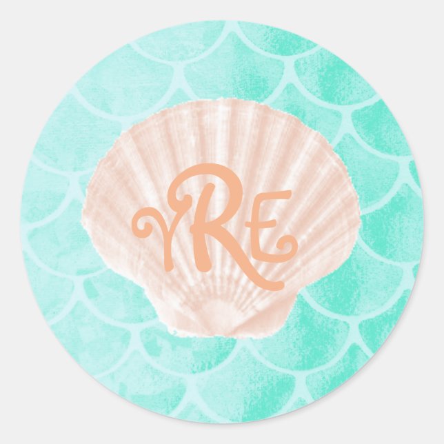 Adesivo Redondo Aqua Mermaid Scales | Monograma de Seashell (Frente)